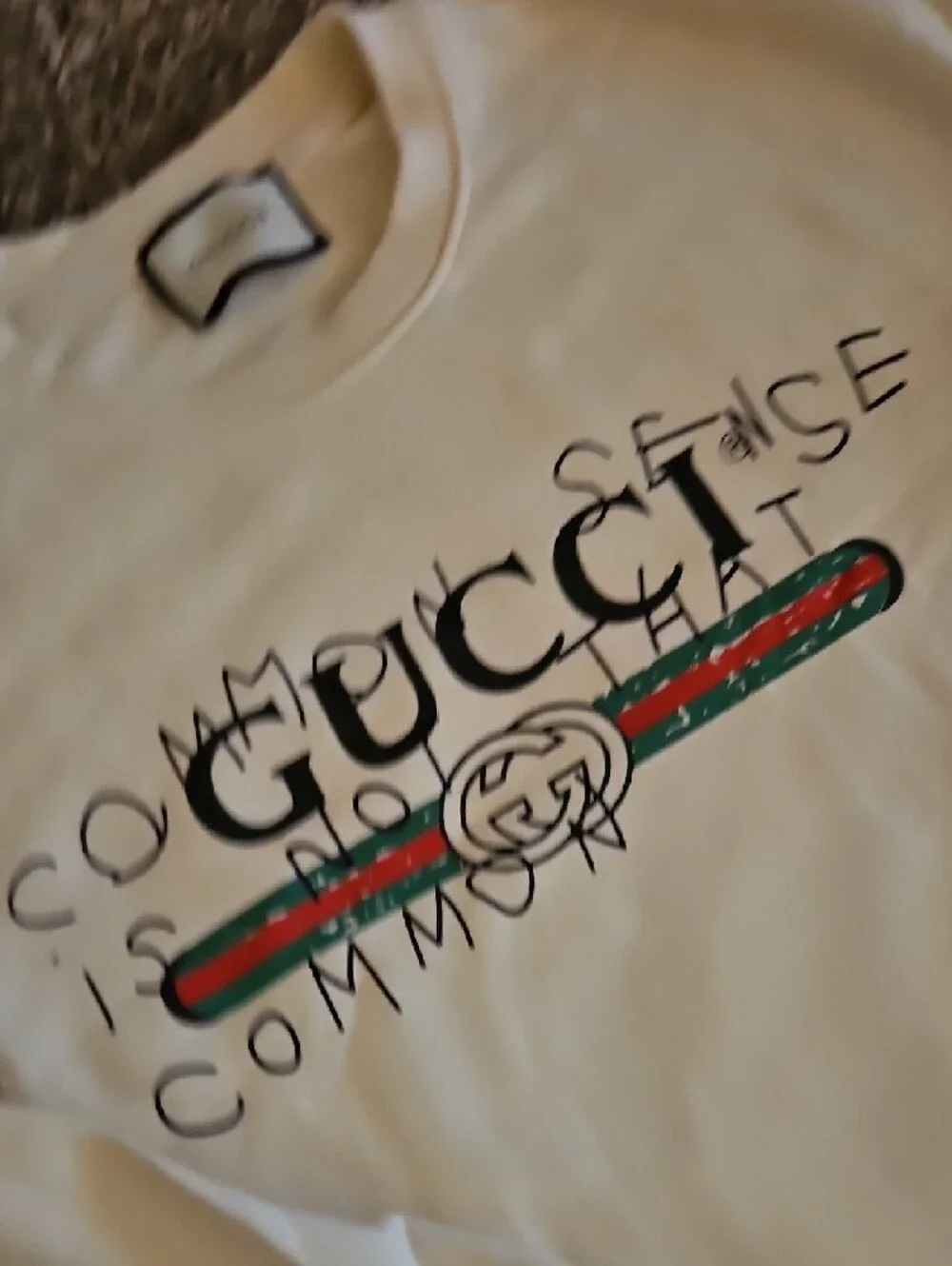 Gucci Cream Crewneck with Green and Red Web Stripe Graphic